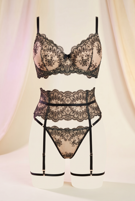 Cicely delicate floral embroidered three piece garter lingerie set — So Pretty Intimates