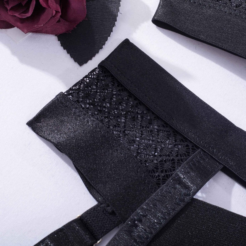 Kenzie structured black garter lingerie set with leg rings — So Pretty Intimates