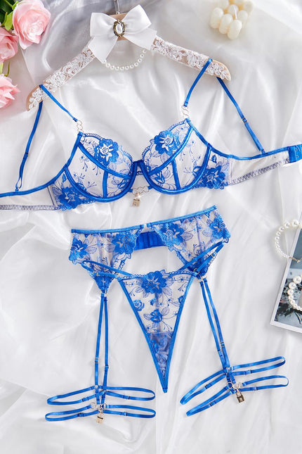 Lovelia blue elegant three piece garter lingerie set — So Pretty Intimates