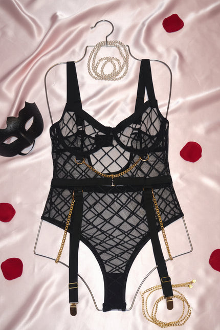 Raven black sheer with chains accent teddy bodysuit — So Pretty Intimates