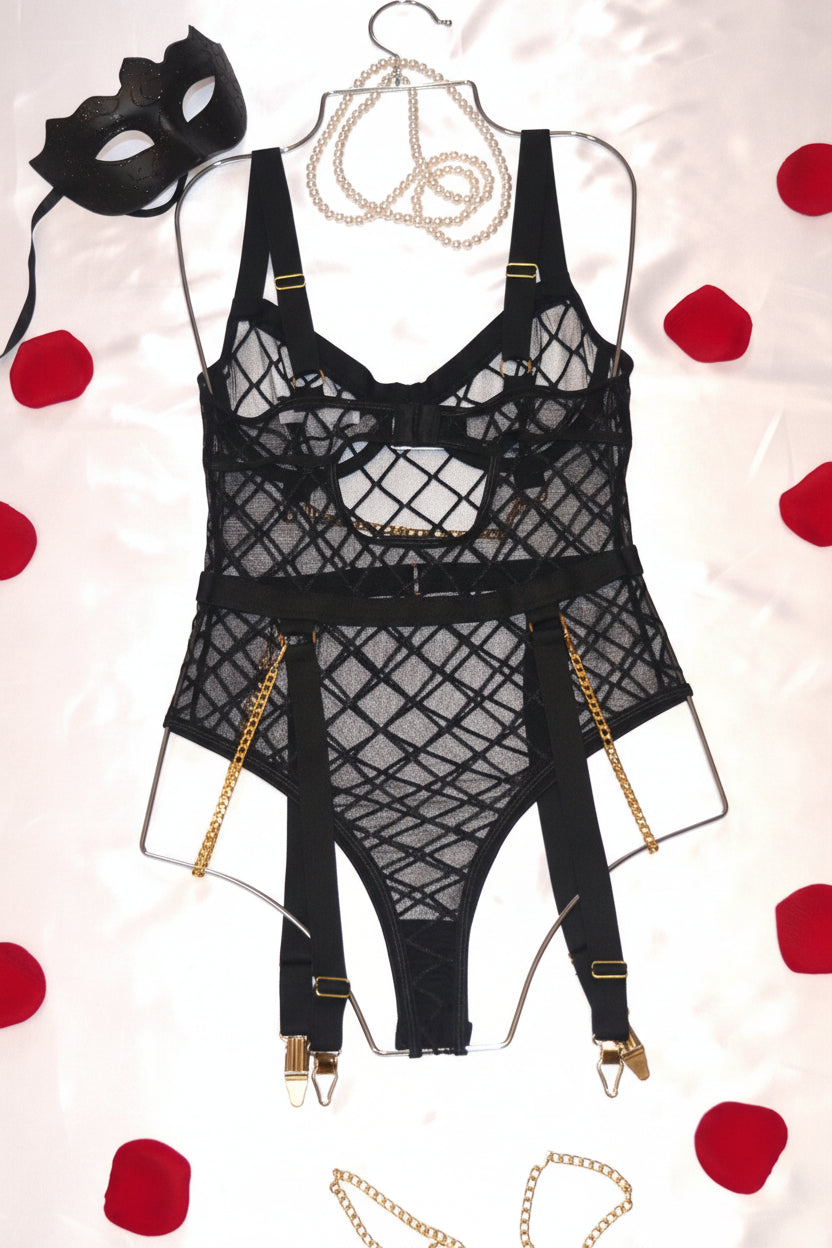 Raven black sheer with chains accent teddy bodysuit — So Pretty Intimates