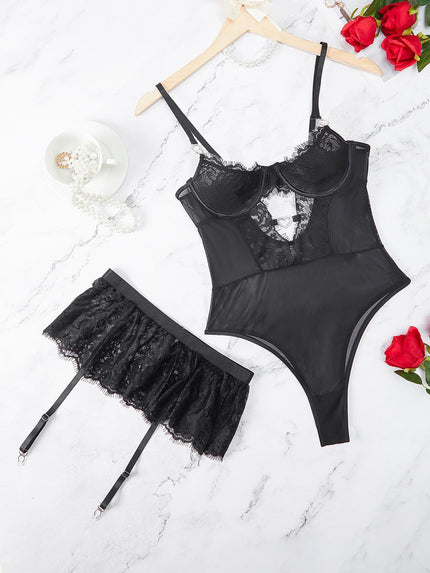 Sable lace mesh hollow underwire teddy bodysuit — So Pretty Intimates