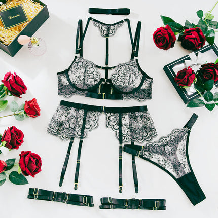 Silas delicate floral garter lingerie set with neck and leg rings — So Pretty Intimates