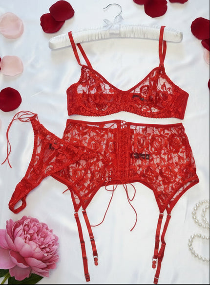 Vida retro high-rise lace three piece garter set — So Pretty Intimates